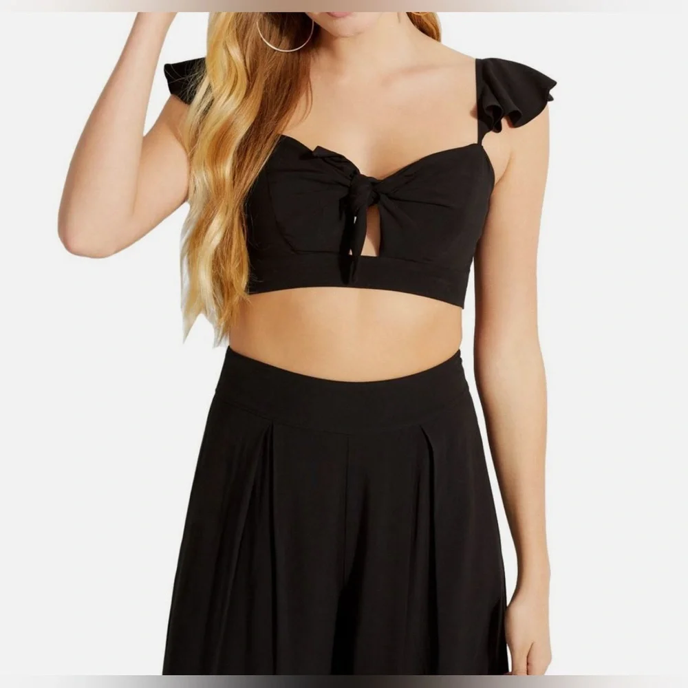 GUESS Womens Charissa Black Off-the-shoulder Knot-front Crop Top XS $58 - Picture 2 of 10